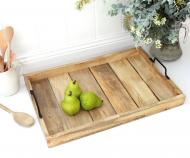 Hunter Wooden Slat Tray with Black Iron Handles - Large