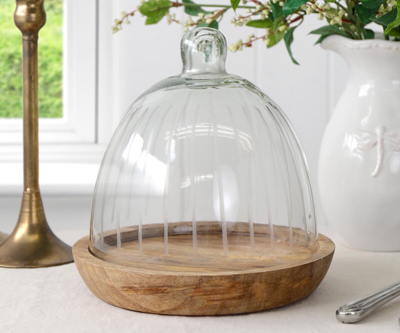 Lincoln Etched Glass Cloche with Wood Base