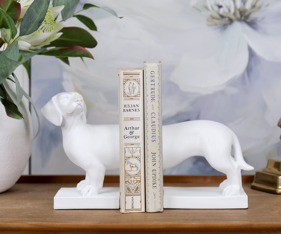 Set 2 White Dachshund Dog Bookends