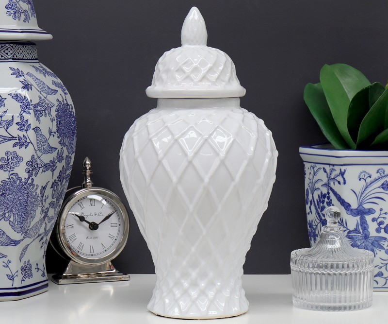 white lattice ginger jar lamps