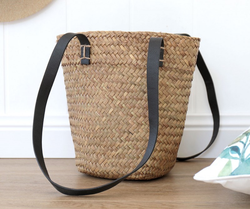 woven bag with leather straps