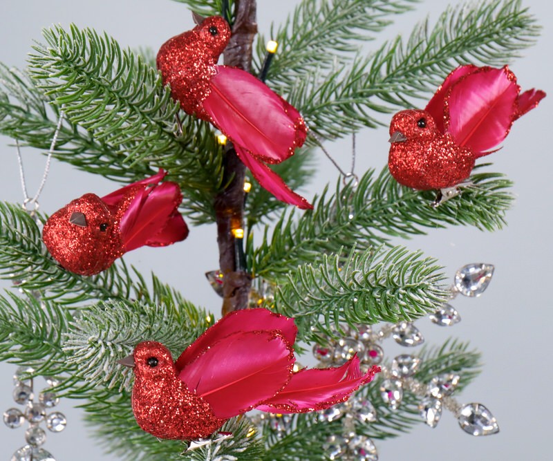 Set 4 Ritzy Red Glitter Birds