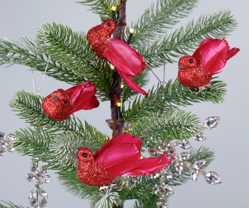 Set 4 Ritzy Red Glitter Birds