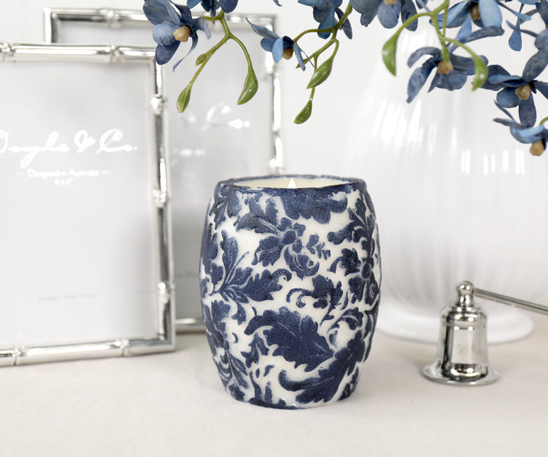 Navy Damask Handpainted Drum Candle - 9.5cm