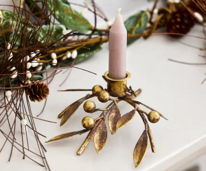 Small Gold Mistletoe Candle Holder