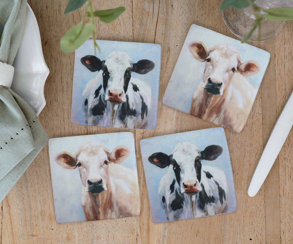 Set 4 Homestead Cow Tile Coasters