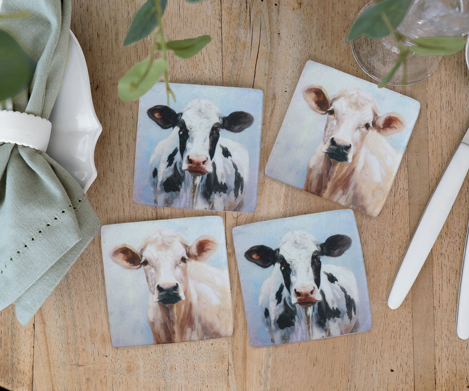 Set 4 Homestead Cow Tile Coasters