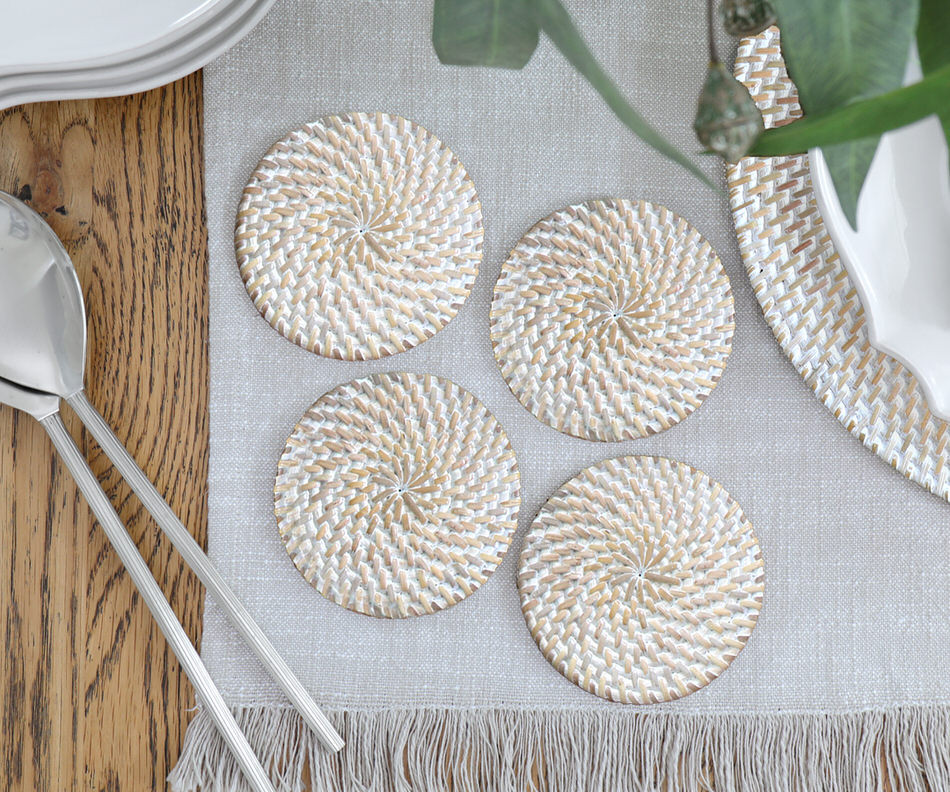 Set 4 Brooklyn Whitewash Rattan Coasters