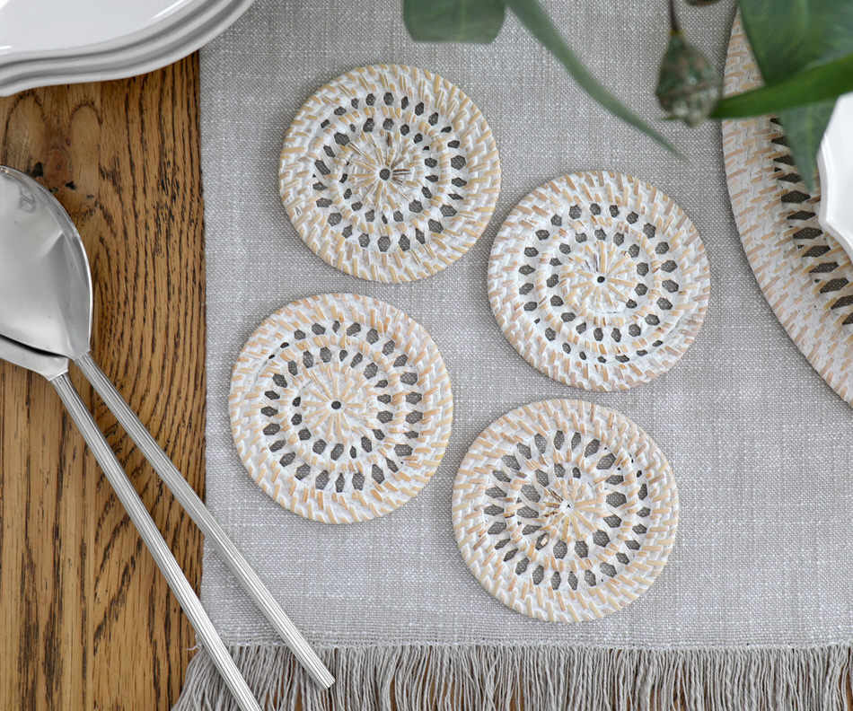 Set 4 Fairlight Whitewash Rattan Coasters