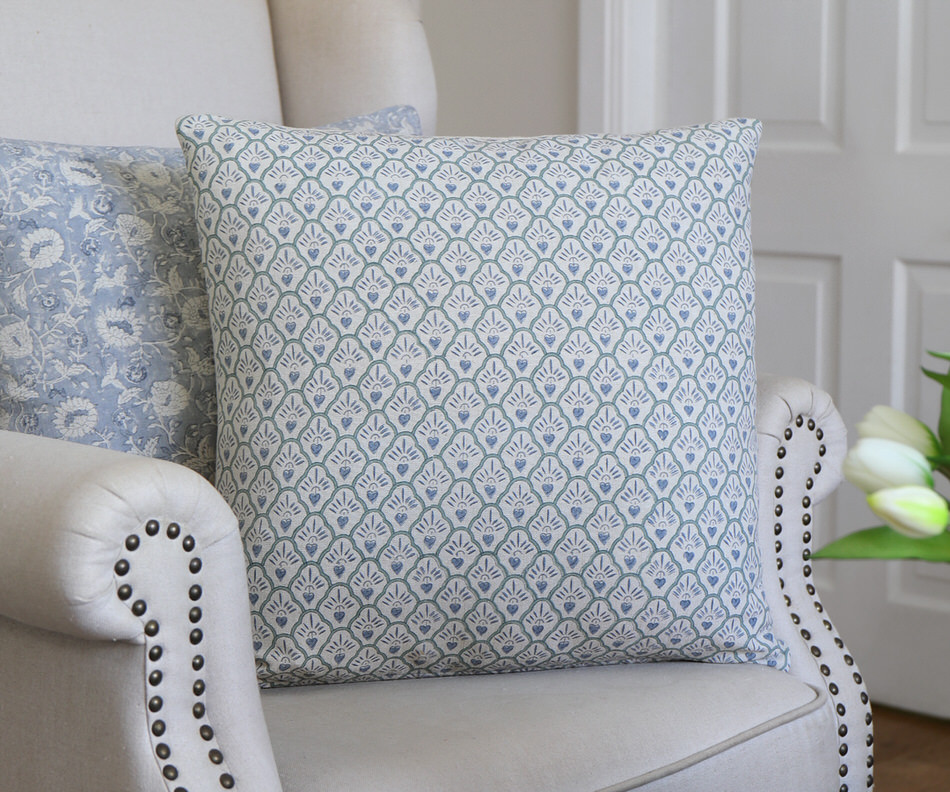 Blue Samara Scallop Blockprint Cushion