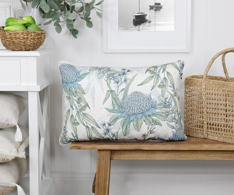 White Mirella Blue Waratahs Cushion 40x60cm