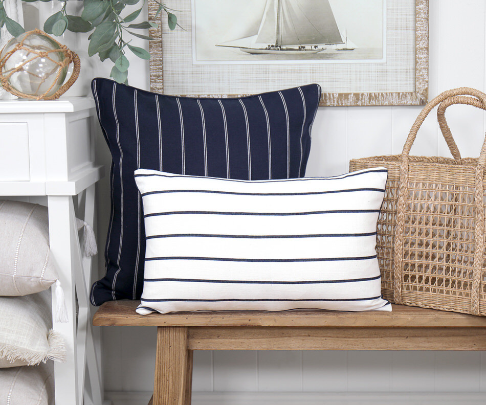 Oscar Navy Stripe White Cushion