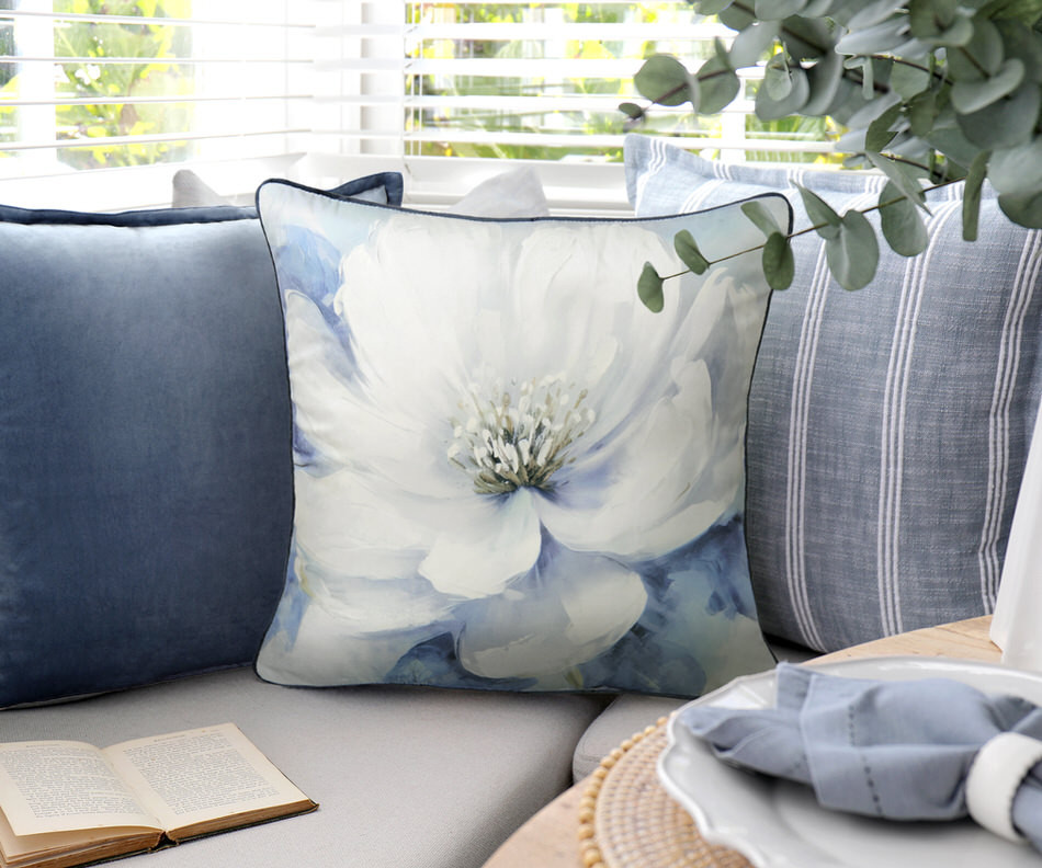 Amalia Blue & White Peony Velvet Cushion