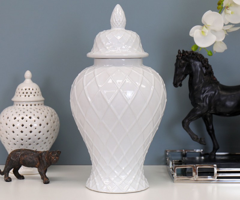 white lattice ginger jar lamps