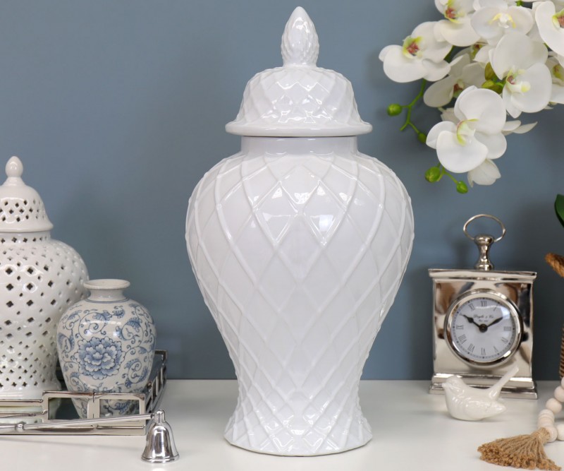 white lattice ginger jar lamps