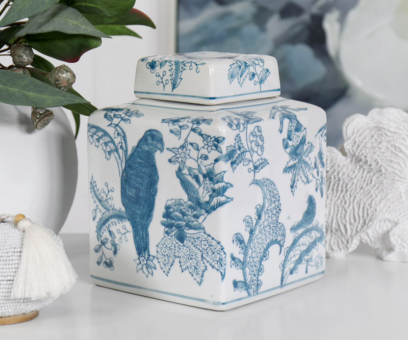 Square Montclair Parrots Aqua Ginger Jar