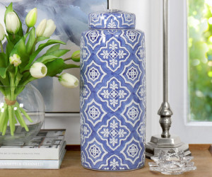 Tall Maronti Blue Quatrefoil Ginger Jar