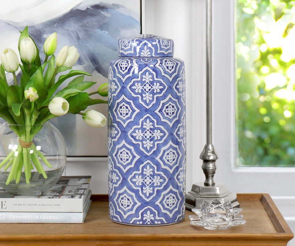 Tall Maronti Blue Quatrefoil Ginger Jar