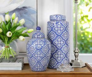 Tall Maronti Blue Quatrefoil Ginger Jar