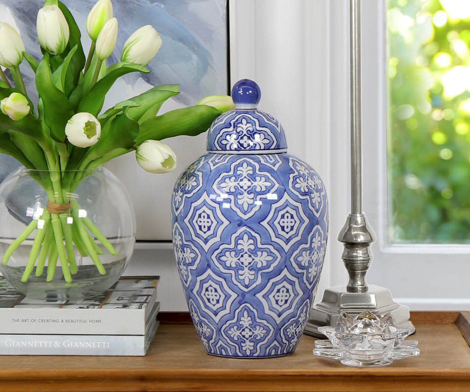 Tapered Maronti Blue Quatrefoil Ginger Jar