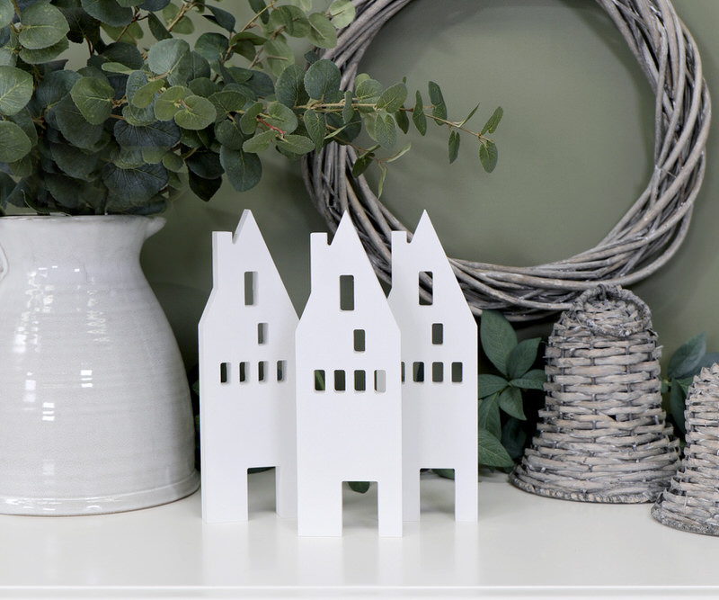 Set 3 White Wooden Christmas Village Houses