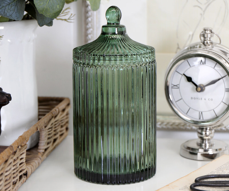 Tall Langham Green Ribbed Glass Jar
