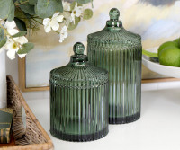 Tall Langham Green Ribbed Glass Jar