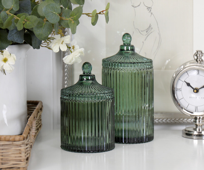 Short Langham Green Ribbed Glass Jar