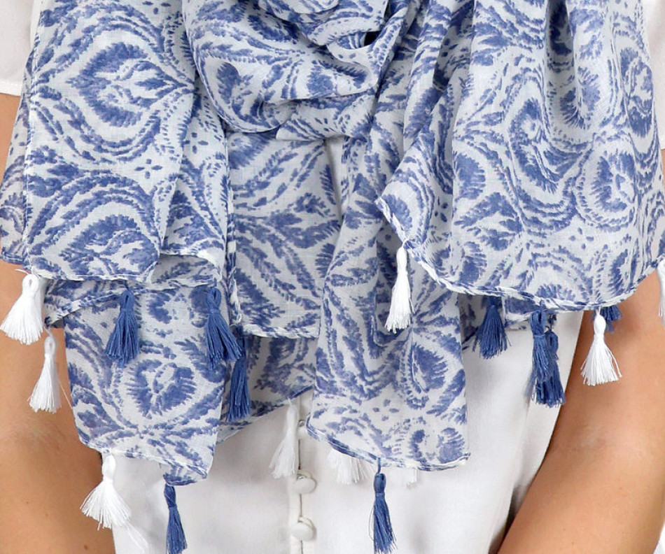 Journey Blue & White Tassel Scarf