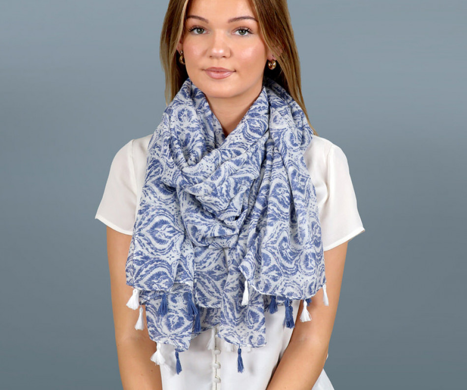 Journey Blue & White Tassel Scarf