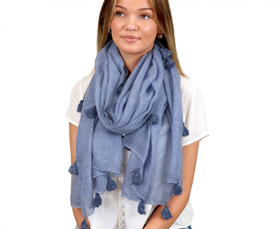 Chanson Denim Blue Tassel Scarf