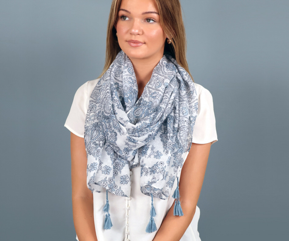 Octavia Blue Paisley Tassel Scarf