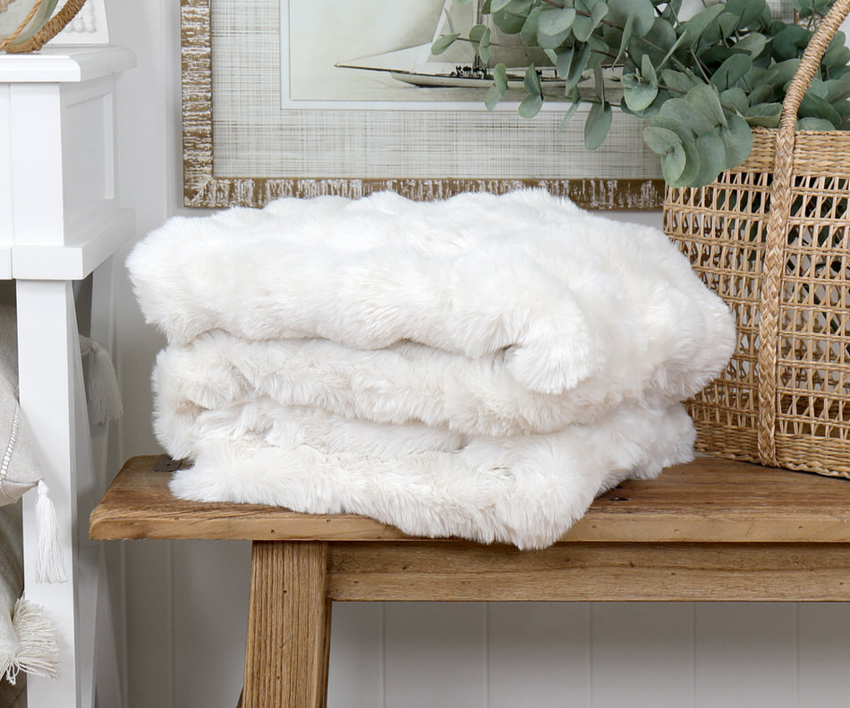 Freya White Faux Fur Throw