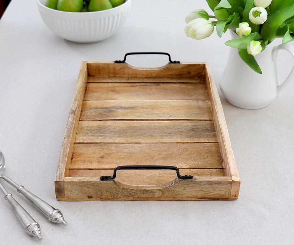 Hunter Wooden Slat Tray with Black Iron Handles - Medium