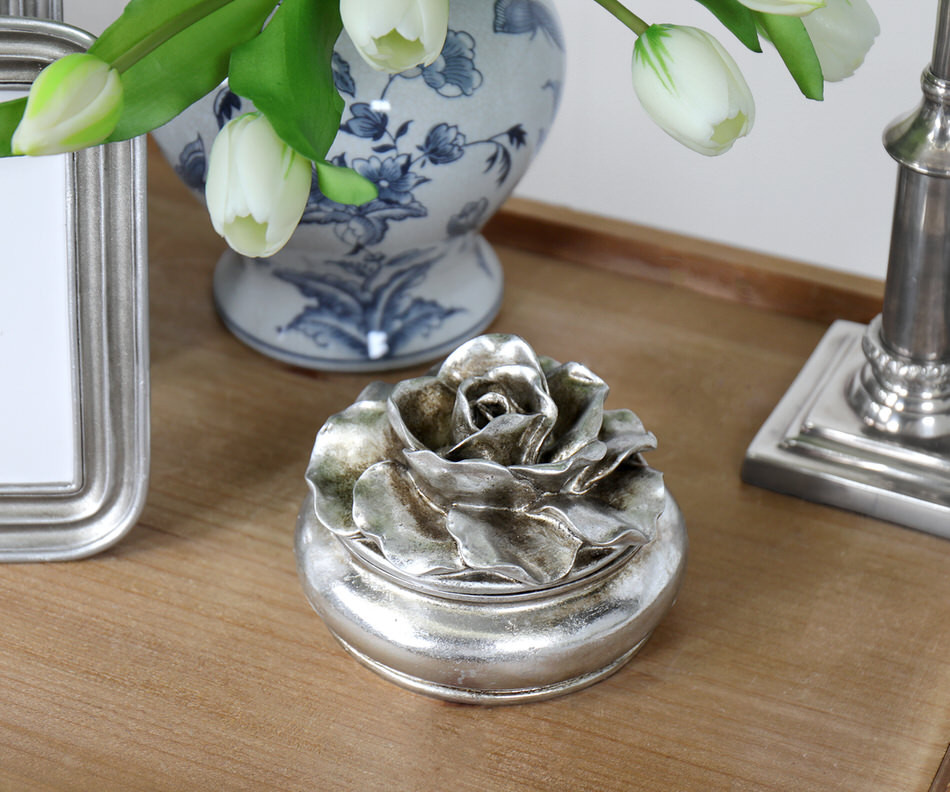 Large Camellia Antique Silver Trinket Box