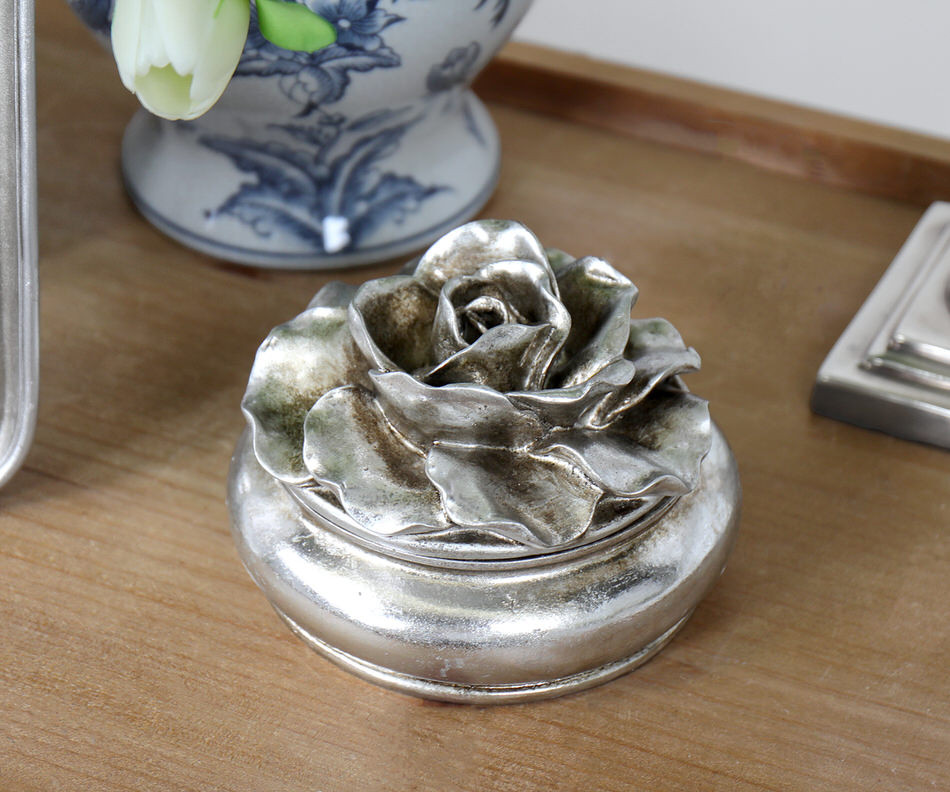 Large Camellia Antique Silver Trinket Box