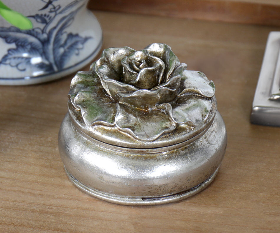 Small Camellia Antique Silver Trinket Box