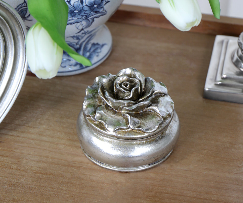 Small Camellia Antique Silver Trinket Box