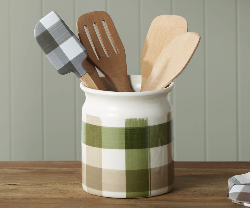 Green Gingham Utensil Holder