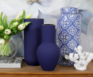 Tall Carolina Cobalt Blue Ribbed Vase